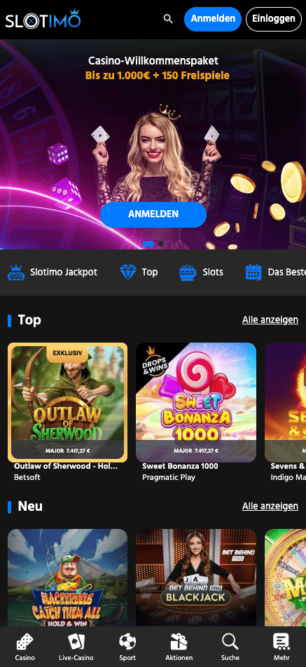 Slotimo Casino Screenshot mit dem Willkommensbonus auf der Startseite