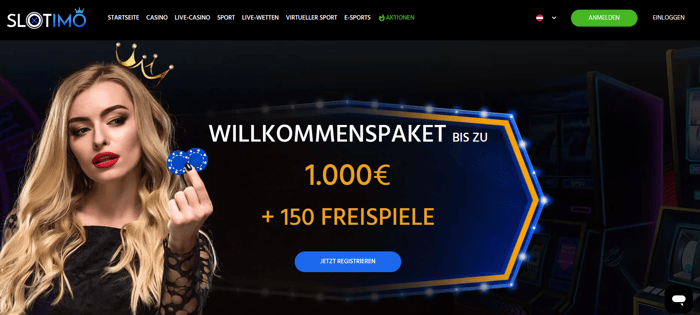Slotimo Casino Screenshot mit dem Willkommensbonus auf der Startseite.