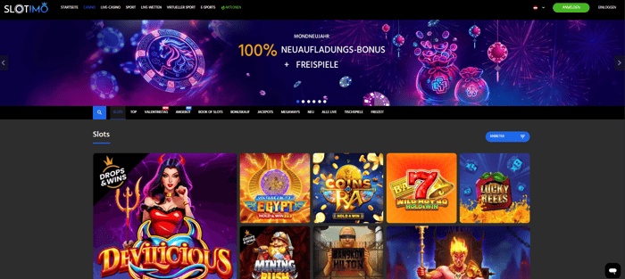Slotimo Casino Screenshot mit der Spieleseite und der Auswahl der Slots.