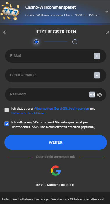Slotimo Casino Screenshot mit der Anmeldeseite.