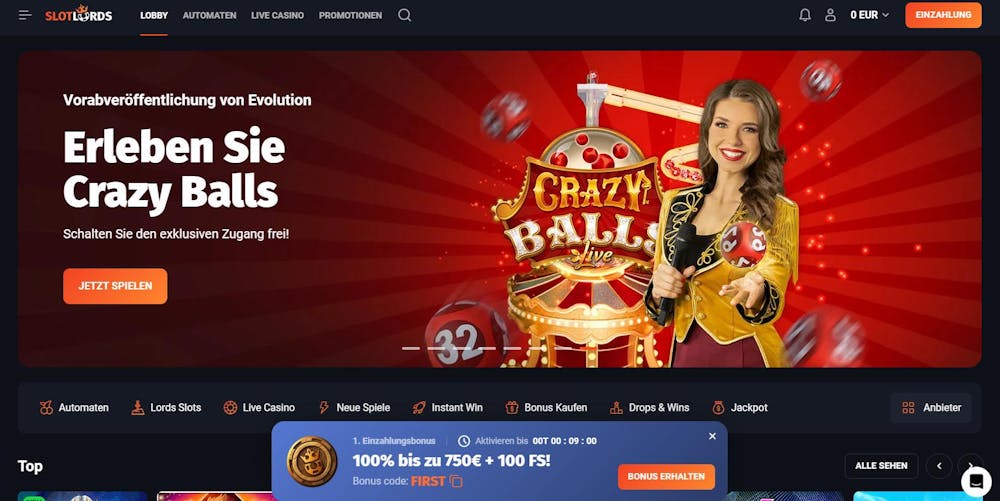 Startseite im SlotLords Casino zeigt Crazy Balls neben Spielkategorien und Menü