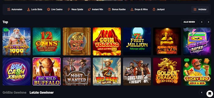 Spiellobby im SlotLords Casino zeigt top Spiele wie Big Bass Bonanza neben anderen Casino Kategorien