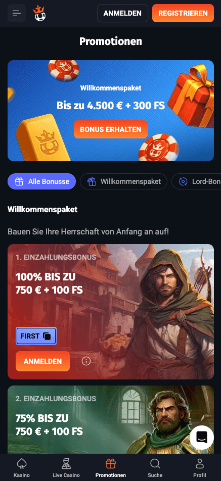 Willkommensbonuspaket im SlotLords Casino