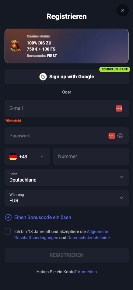 Anmeldeformular im SlotLords Casino