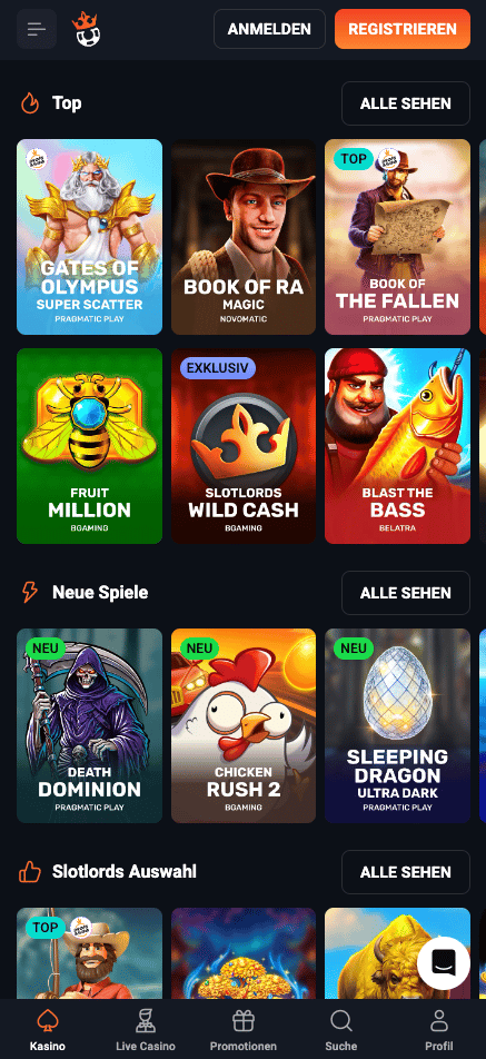 Spiellobby im SlotLords Casino zeigt top Spiele wie Book of Ra Magic neben anderen Spielkategorien