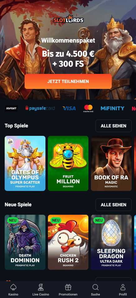 Startseite im SlotLords Casino zeigt Crazy Balls neben Spielkategorien und Menü
