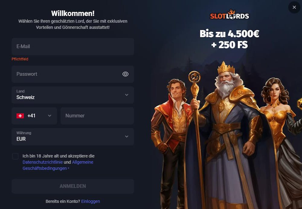 Anmeldeformular im SlotLords Casino