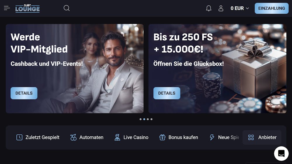 Startseite im Slot Lounge Casino zeigt Bonusangebote und Spielkategorien