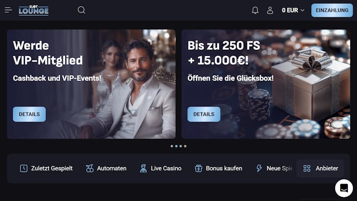 Startseite im Slot Lounge Casino zeigt Bonusangebote und Spielkategorien