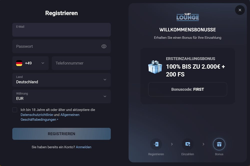 Anmeldeformular im Slot Lounge Casino