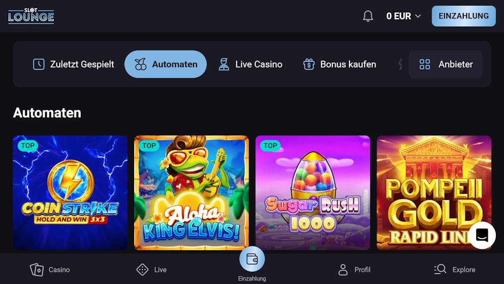 Spiellobby im Slot Lounge Casino zeigt Spiele wie Sugar Rush 1000 neben anderen Spielkategorien