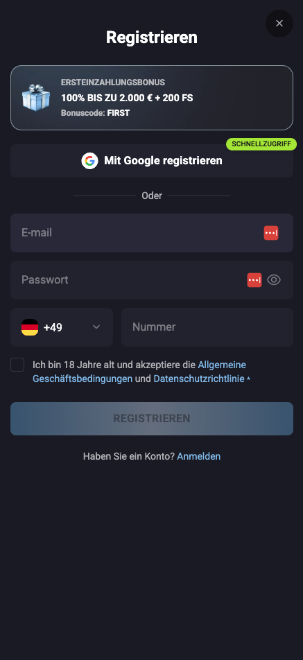 Anmeldeformular im Slot Lounge Casino