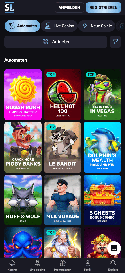 Spiellobby im Slot Lounge Casino zeigt Spiele wie Sugar Rush Super Scatter neben anderen Spielkategorien
