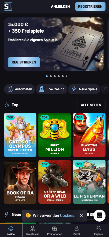 Startseite im Slot Lounge Casino zeigt Bonusangebote und Spielkategorien