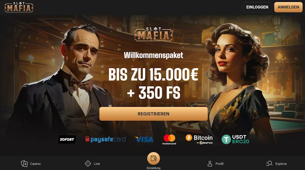 Die Homepage von Slot Mafia Casino, im Hintergrund eine Bar Szene und eine Beschreibung über den Willkommensbonus bus zu 15.000 € + 350 Freispiele