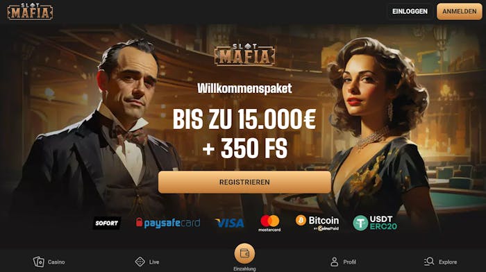 Die Homepage von Slot Mafia Casino, im Hintergrund eine Bar Szene und eine Beschreibung über den Willkommensbonus bus zu 15.000 € + 350 Freispiele