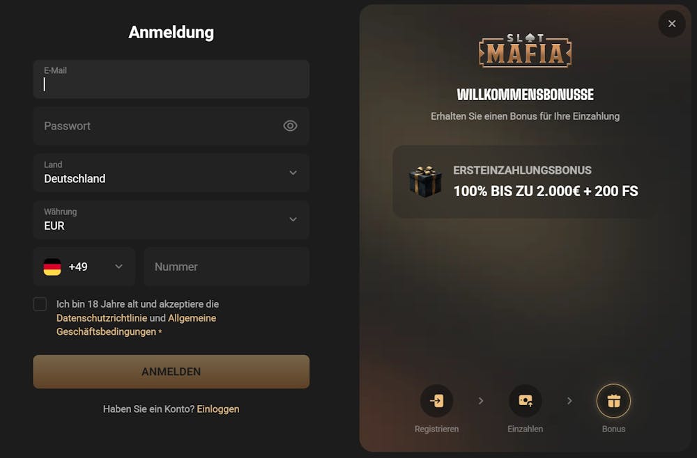 Das Registrierungsformular von Slot Mafia Casino