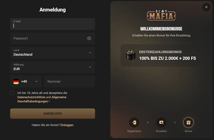 Das Registrierungsformular von Slot Mafia Casino
