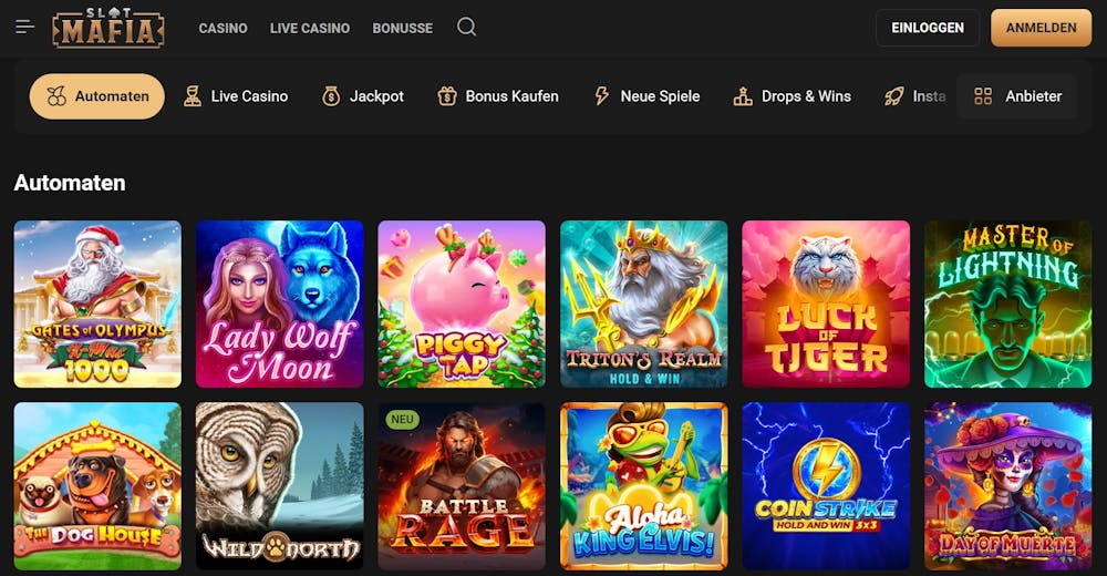 Die Spieleauswahl bei Slot Mafia Casino mit vielen verschiedenen Titeln wie Lady Wolf Moon und Battle Rage