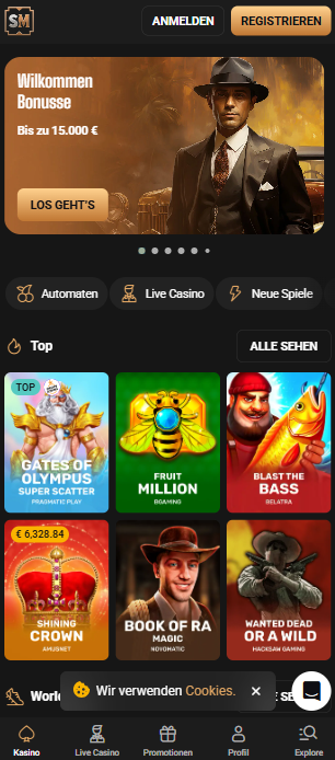Screenshot vom Slot Mafia Casino mit dem Willkommensbonus auf der Startseite.
