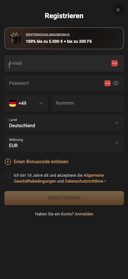 Das Registrierungsformular von Slot Mafia Casino