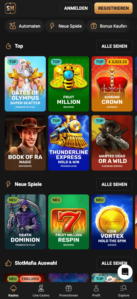 Spiellobby im Slot Mafia Casino zeigt top Spiele wie Book of Ra Magic neben anderen Spielkategorien