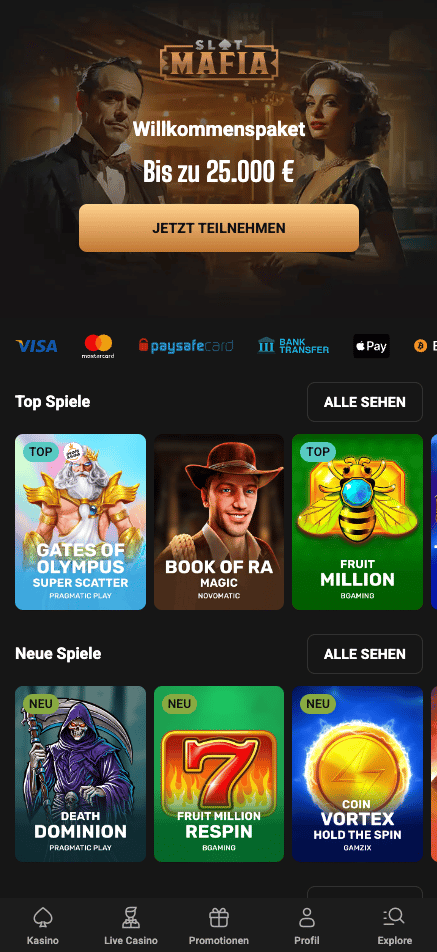 Die Homepage von Slot Mafia Casino, im Hintergrund eine Bar Szene und eine Beschreibung über den Willkommensbonus