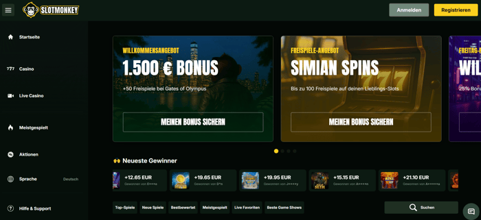 Slot Monkey Casino Screenshot mit der Startseite und dem Willkommensbonus.