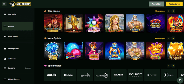 Slot Monkey Screenshot mit der Spieleseite.