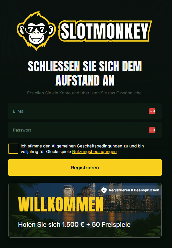 Slot Monkey Screenshot mit der Anmeldeseite.