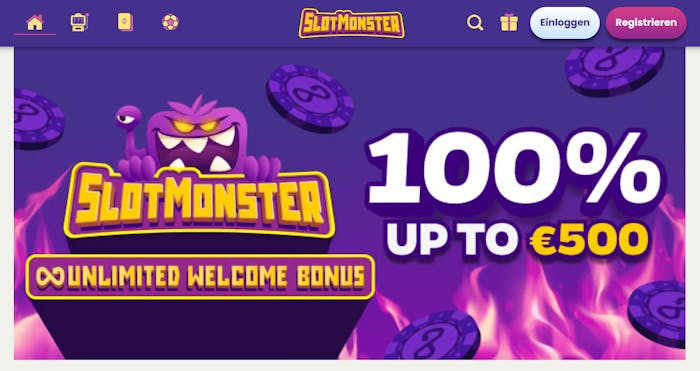 Slot Monster Casino Screenshot mit dem Willkommensbonus bis 500 €.