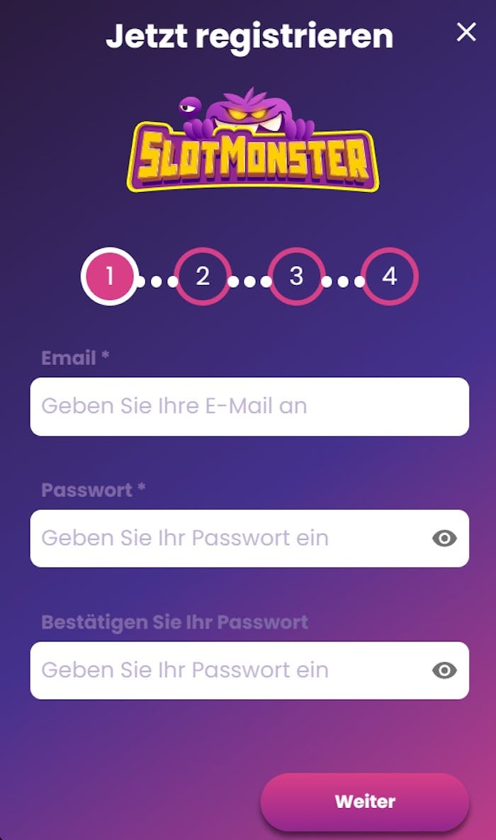 Screenshot vom Slot Monster Casino mit der Anmeldemaske, in die persönliche Daten zum Anmelden eingegeben werden können.