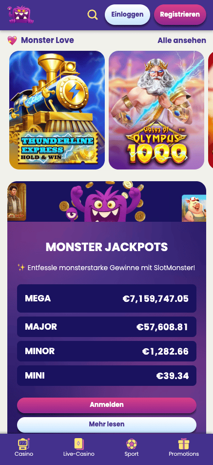 Slot Monster Casino Screenshot mit der Slot Auswahl wie Gates of Olympus 1000