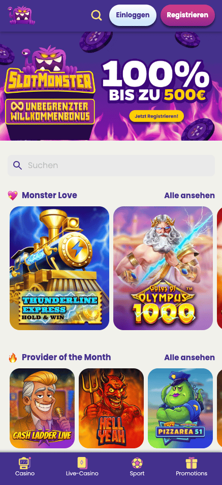 Slot Monster Casino Screenshot mit dem Willkommensbonus
