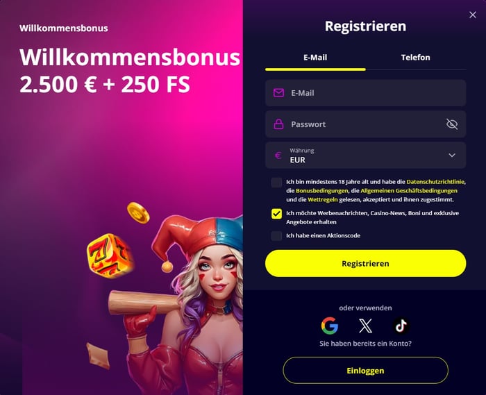 Anmeldeformular im Slotoro Casino