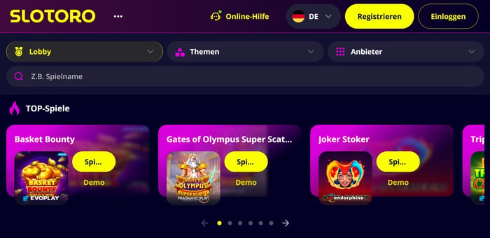 Spiellobby im Slotoro Casino zeigt top Spiele wie Gates of Olympus neben Filteroptionen
