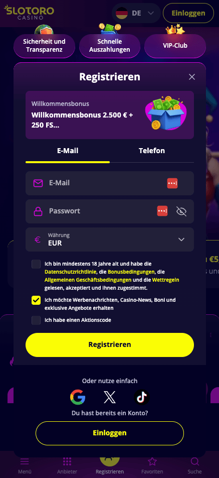 Anmeldeformular im Slotoro Casino