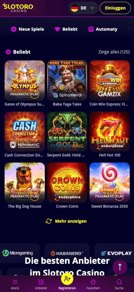 Spiellobby im Slotoro Casino zeigt top Spiele wie Gates of Olympus neben Filteroptionen