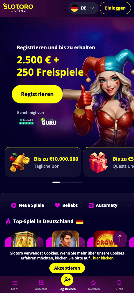 Startseite im Slotoro Casino zeigt Willkommensbonus und Anmeldebutton