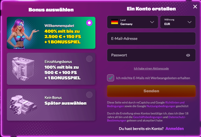 Anmeldungsformular im Slotrave Casino