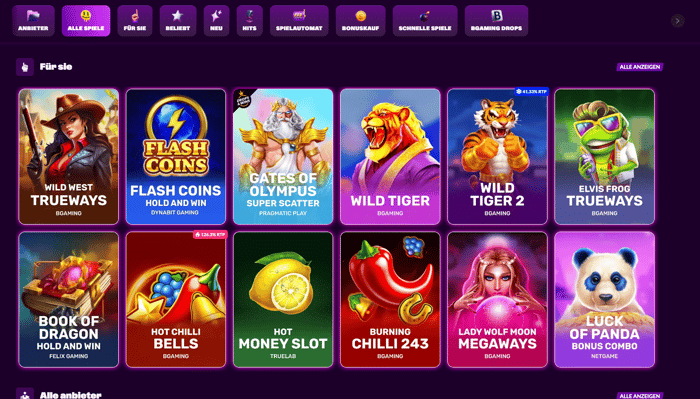 Spiellobby im Slotrave Casino zeigt Spiele wie Gates of Olympus neben anderen Spielkategorien