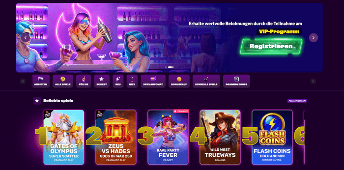 Startseite im Slotrave Casino zeigt beliebte Spiele und VIP-Programm-Banner