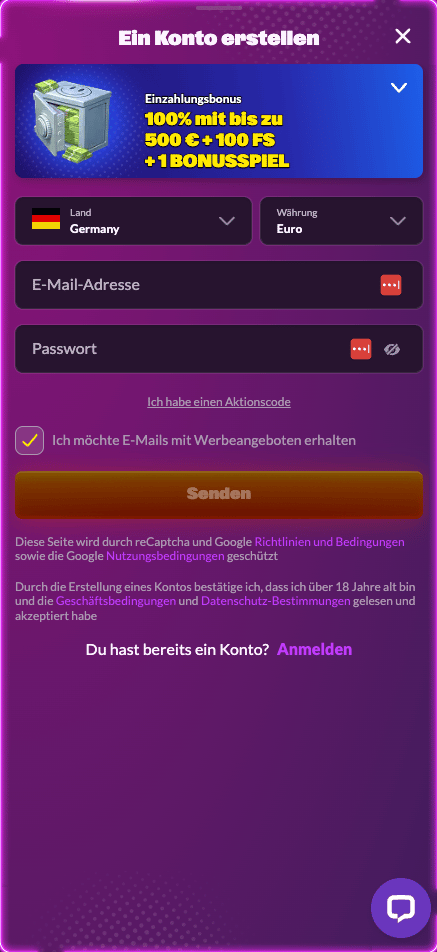 Anmeldungsformular im Slotrave Casino