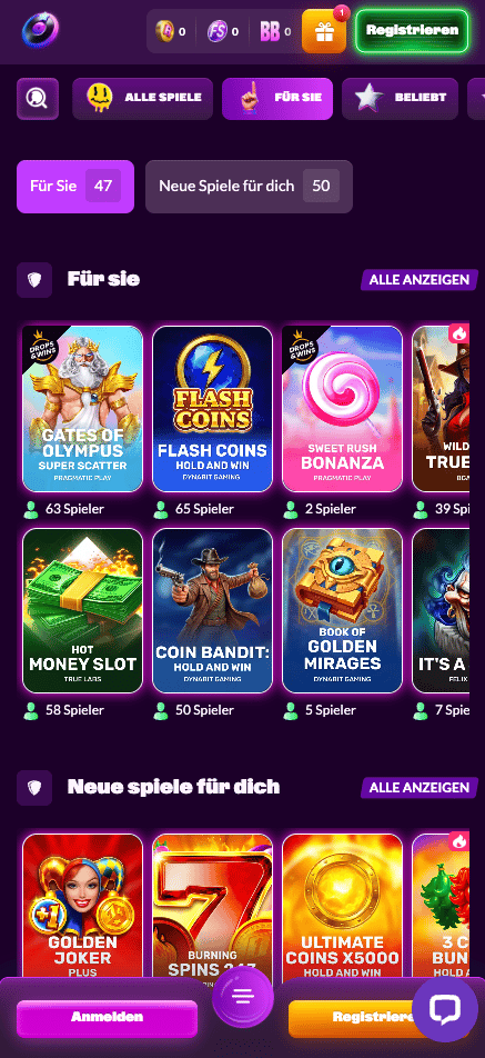 Spiellobby im Slotrave Casino zeigt Spiele wie Gates of Olympus neben anderen Spielkategorien