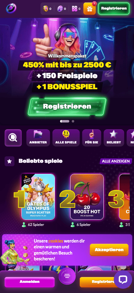 Startseite im Slotrave Casino zeigt beliebte Spiele und Willkommenspaket