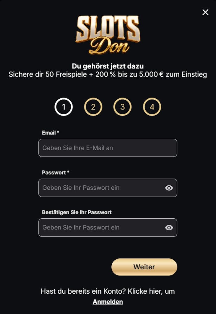 Slots Don Casino Screenshot mit der Anmeldeseite.