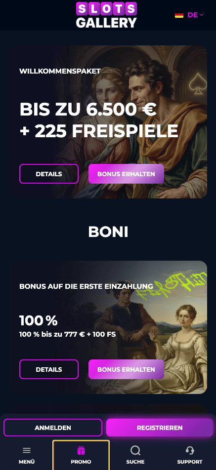 Die Homepage von Slots Gallery Casino 