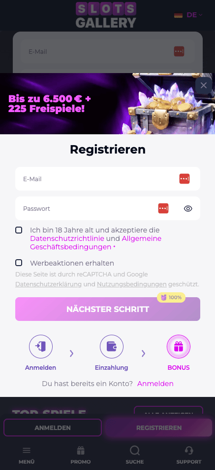 Die Anmeldemaske bei SlotsGallery Casino