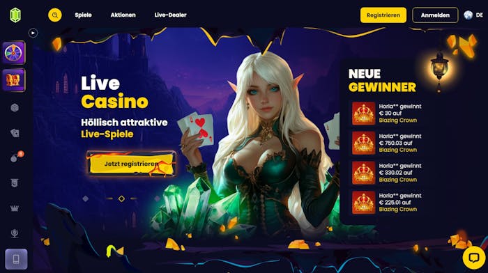 Slotsgem Casino Startseite mit animierter Person im Elfendesign, welche Spielkarten in der Hand hält. Zudem wird auf das Live Casino aufmerksam gemacht.