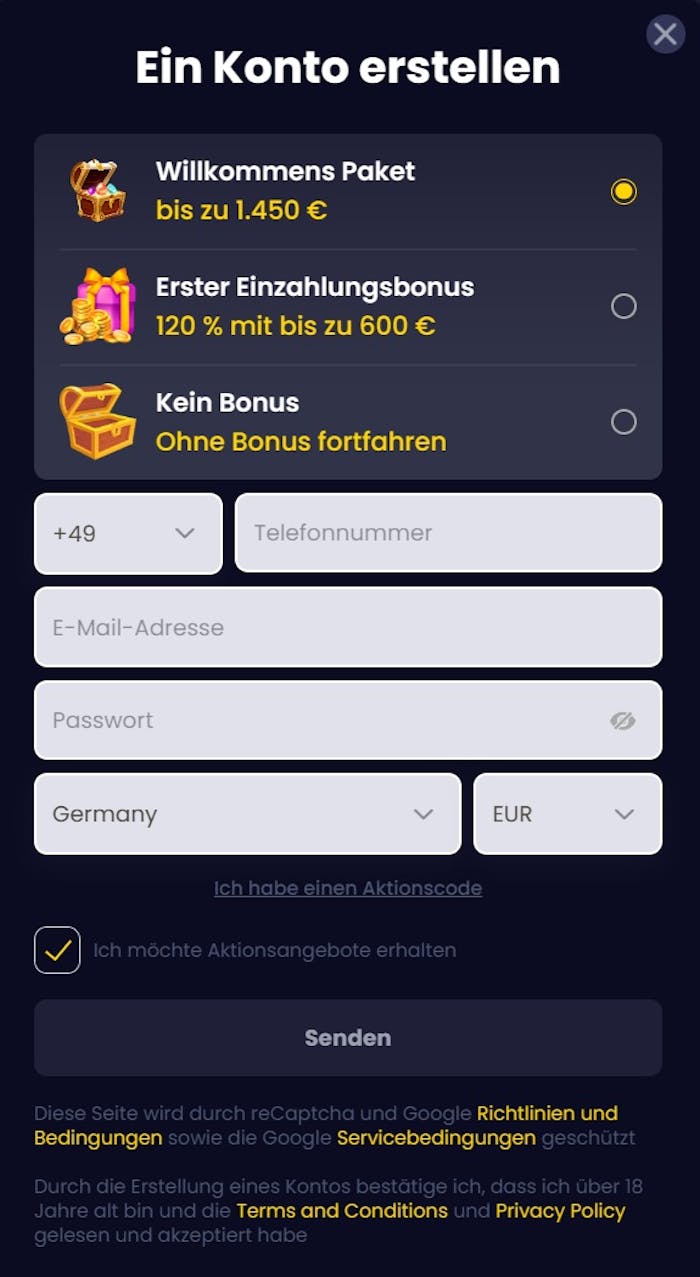 Slotsgem Casino Screenshot, auf welchem man die Anmeldemaske sieht. Hier Eingabe der Telefonnummer, Email Adresse, Passwort, Land und Währung.